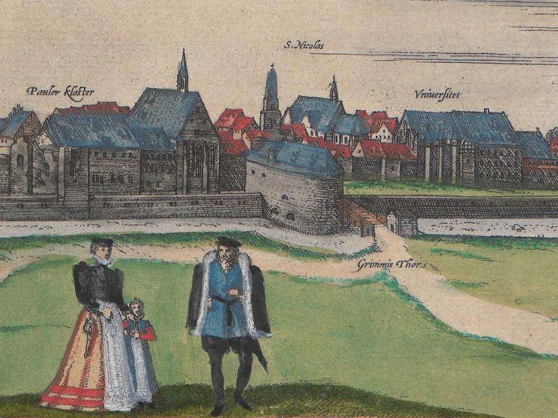A man and a woman dressed in local fashion in front of a view of Leipzig.