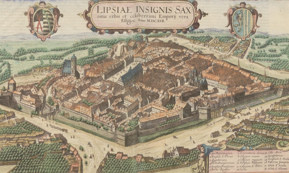 Detailed bird’s-eye view of early modern Leipzig from the southeast.