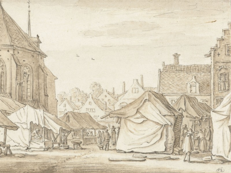 Early modern drawing of a bustling market square.