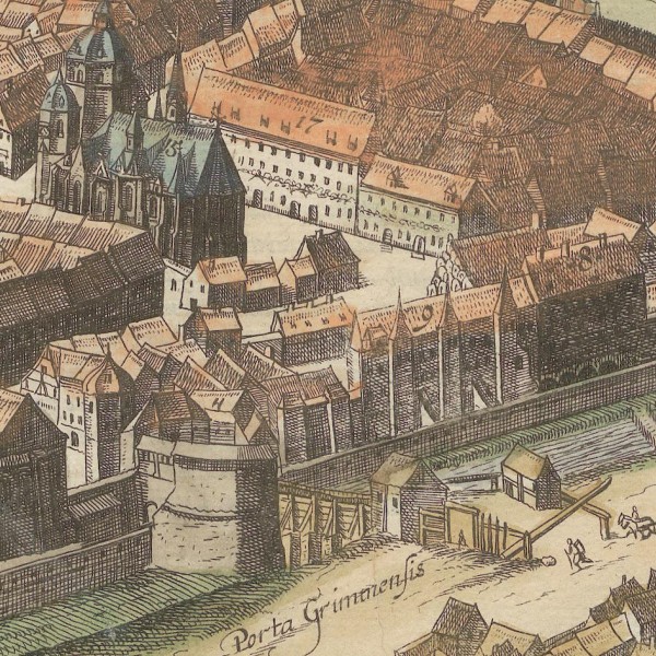 Enlarged section of the view of Leipzig showing the Grimma Gate, St. Nikolas Church and “Collegium magnum”.