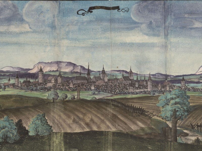View of Berlin in 1536 showing a small town with numerous churches set in a fictional, mountainous landscape.