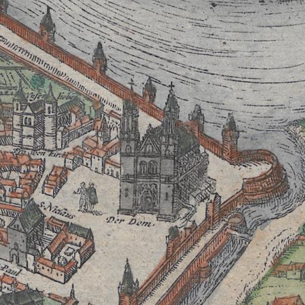 Detail of the bird’s-eye view of Magdeburg showing the Cathedral.