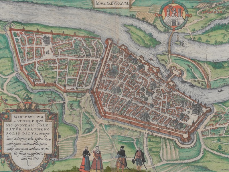 Bird’s-eye view of Magdeburg. The layout of the city with the Old and New Town clearly visible.
