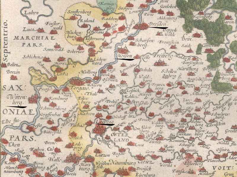 Segment of a sixteenth-century map of Saxony with Dresden, Meissen, Leipzig and Wittenberg highlighted.