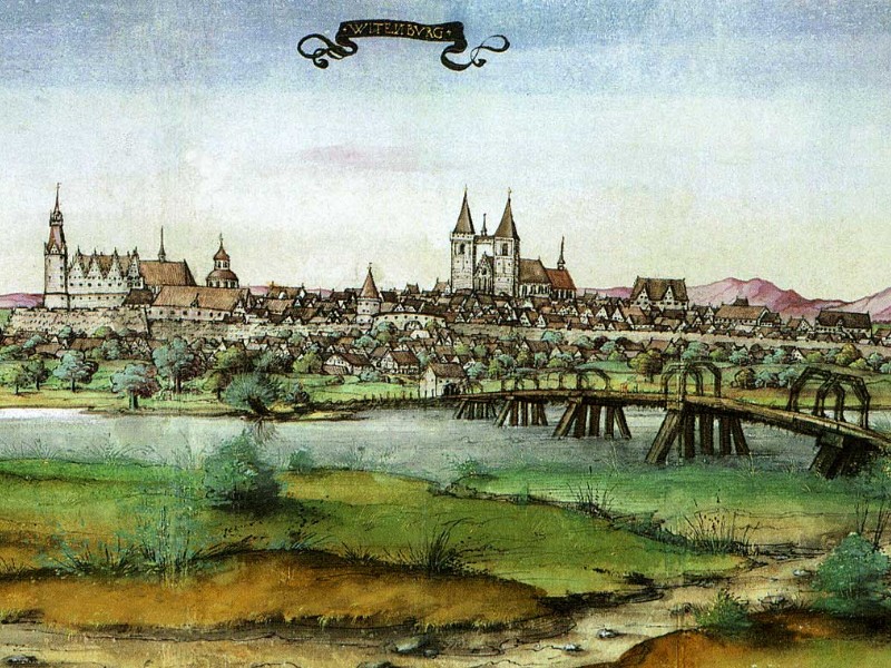 Panoramic view of Wittenberg from 1536 with the Elbe River in the foreground.