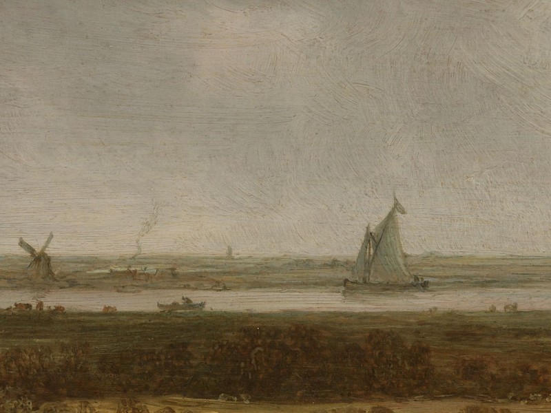 Painting of sailboats sailing along a canal through the Dutch countryside.