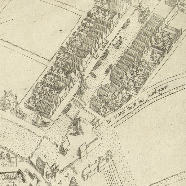 Detail of the bird’s-eye view showing the canal and road to Harlingen.