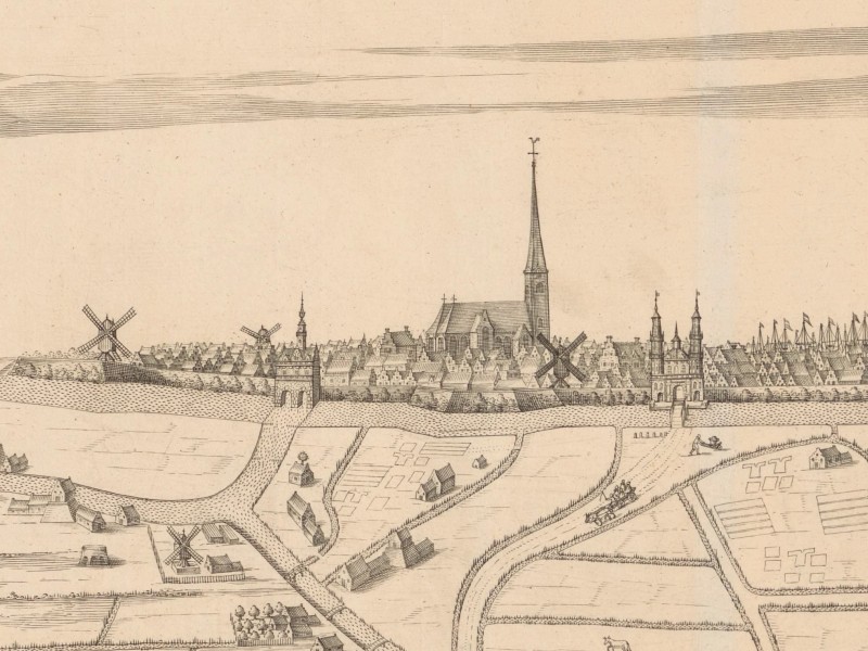 Panorama of Harlingen featuring Grote Kerk, numerous houses, and behind them a vast array of ship’s masts.