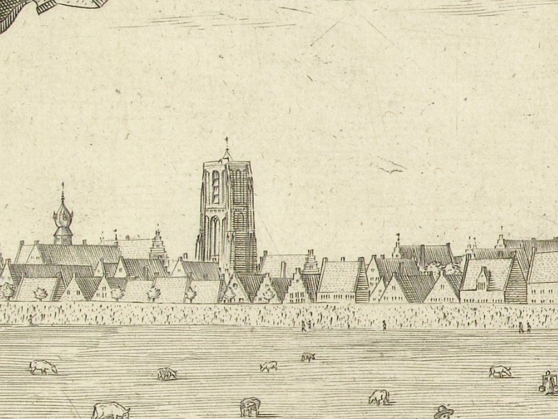 Panorama of Leeuwarden showing a large city with many houses as viewed by a traveller walking towards it.