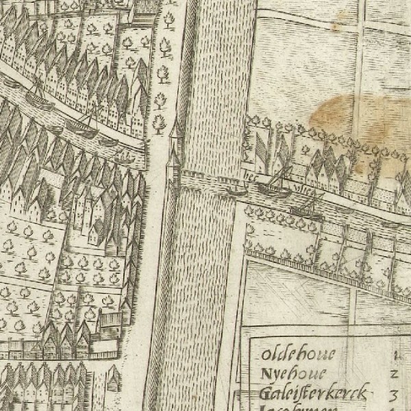 Enlarged section of the bird’s-eye view showing the canal from Dokkum with boats arriving.