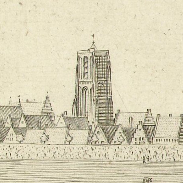 Enlarged section of the panorama of Leeuwarden showing the Oldehove Tower.