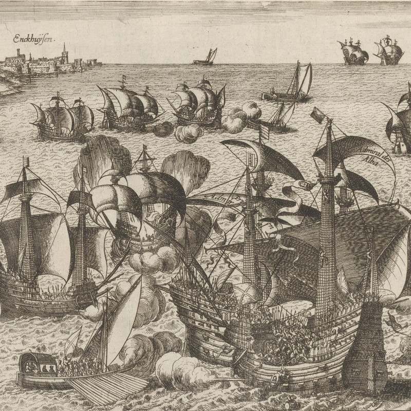 Print of large Spanish galleons fighting smaller Dutch ships in the Battle of the Zuiderzee.