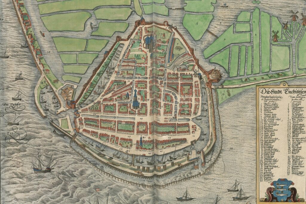 View of Enkhuizen from the east, showing the streets and large canals that cross the city.