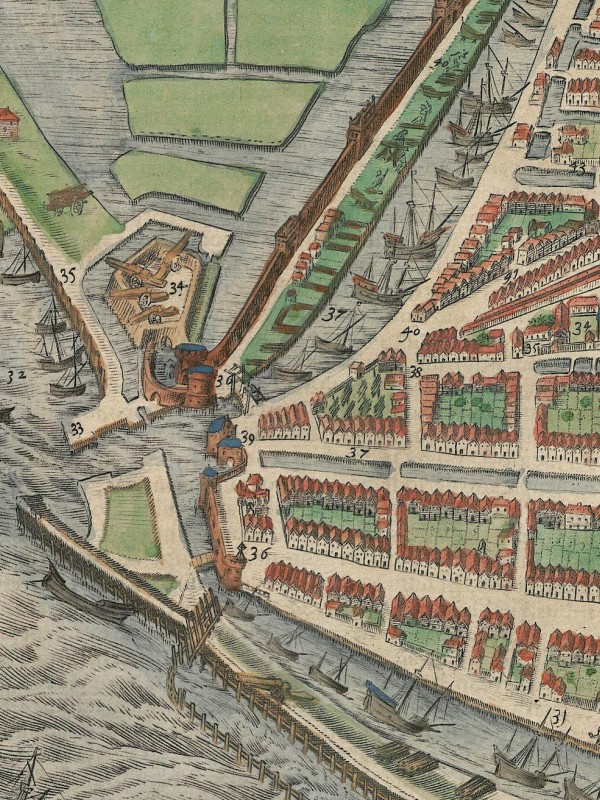 Segment of the view of Enkhuizen showing the harbour and the entrances of two large canals into the city.