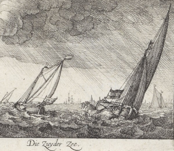 Print of boats in a strong wind sailing the Zuiderzee.
