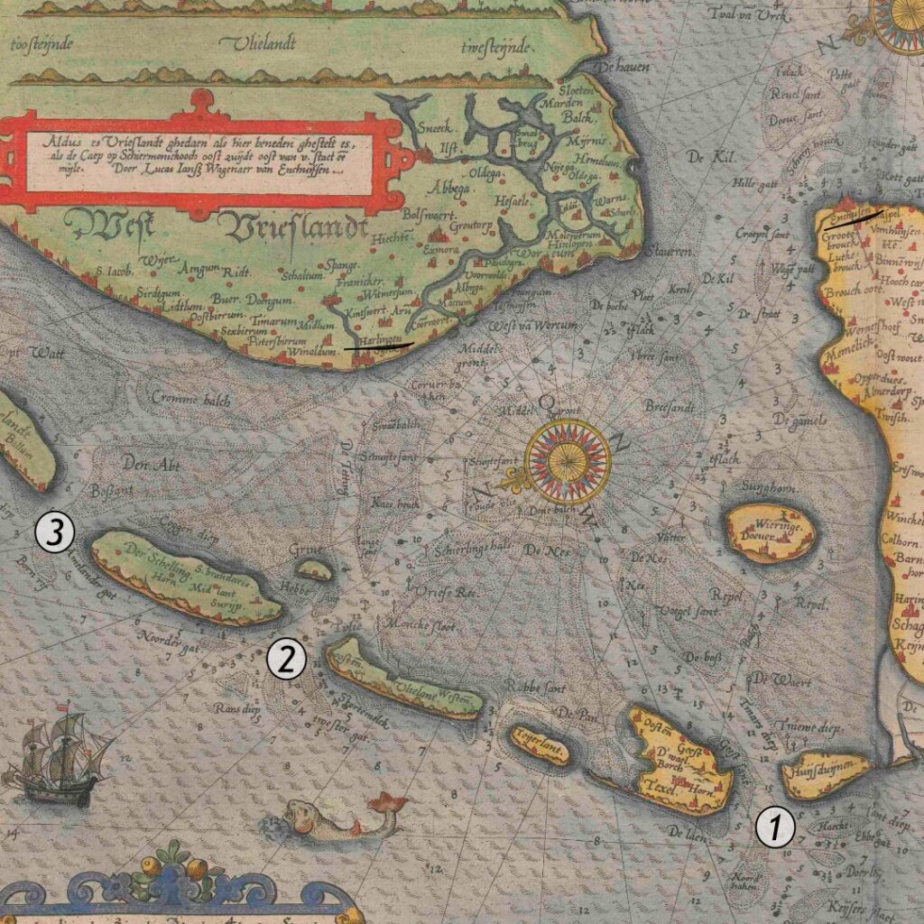 Enlarged segment of the Zuiderzee naval chart showing the three access routes.