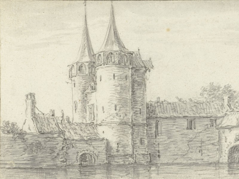 Drawing of the eastern gate of Delft, surrounded by houses.