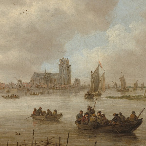 Painting of Dordrecht depicting the Merwede River with various boats in the foreground and the city in the background.