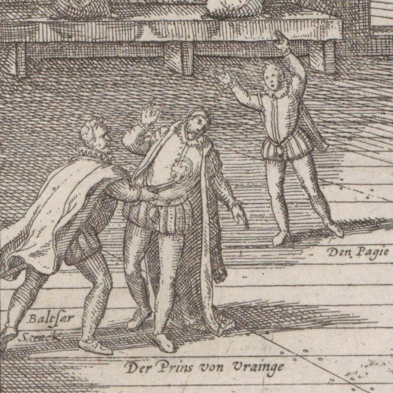 Newsprint depicting the moment William the Silent is shot by Balthasar Gérard.