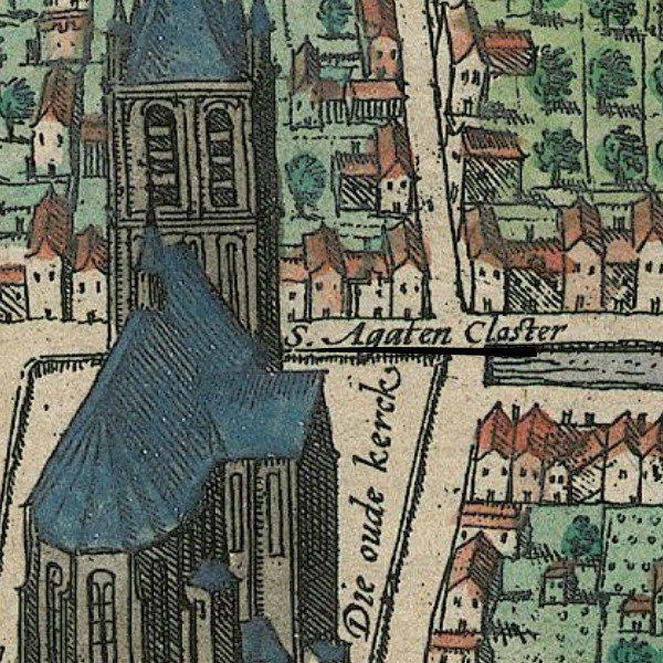 Enlarged segment of the bird's-eye view of Delft showing the Oude Kerk and St. Agatha monastery.