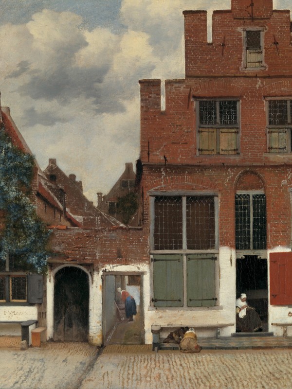 Vermeer’s The Little Street shows a Dutch street with two houses, a woman working in a doorway, another woman in an alleyway between the houses, and a child playing in front of one house.