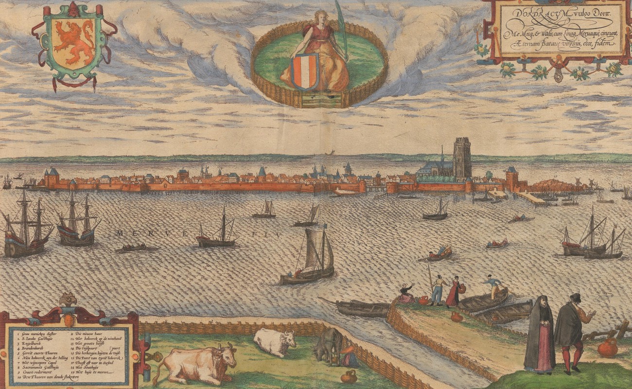Dordrecht is presented as an island in the Merwede River.