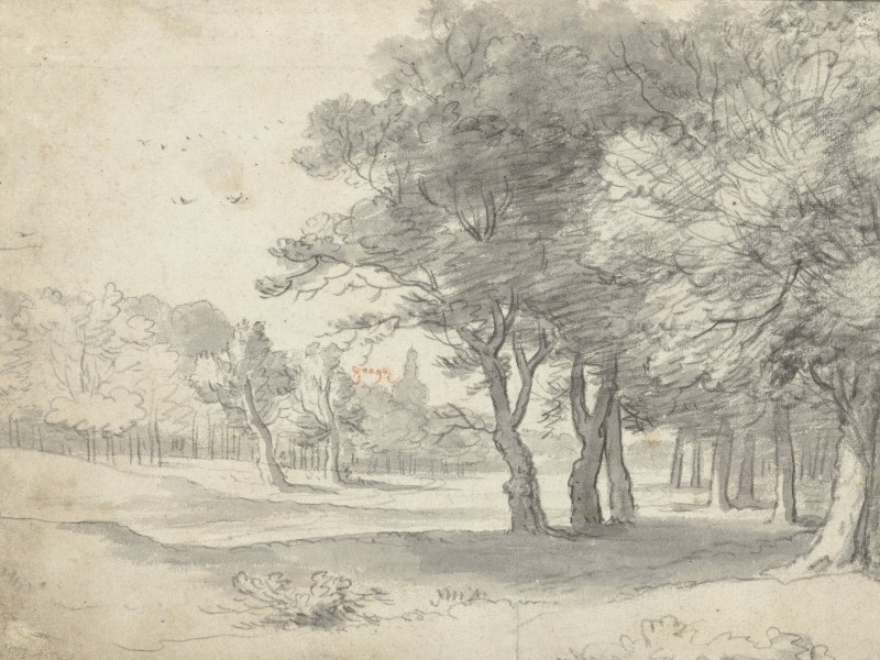 Drawing of the woodland of the Haagse Bos with a church tower of The Hague in the background.