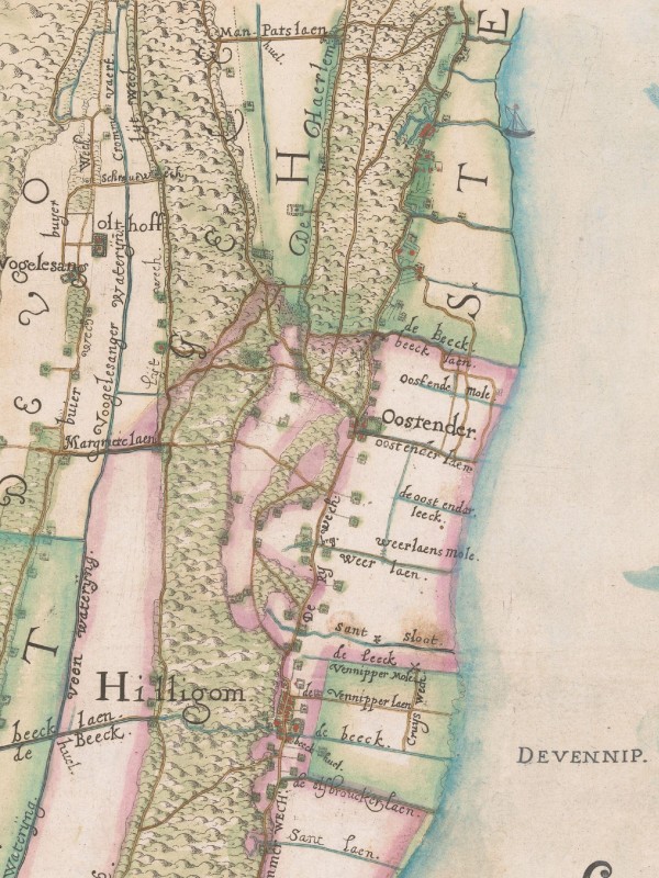 Map of the area between Haarlem and Leiden showing the Haarlemmermeer on the right and dunes on the left side.