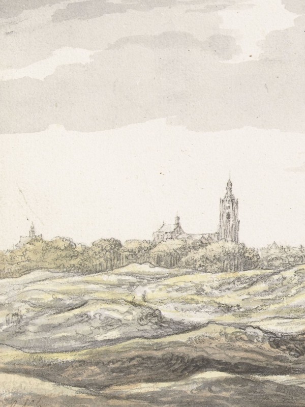 Panorama of The Hague with fields, meadows and woodland in the foreground, the city just peeking out behind the scenery.