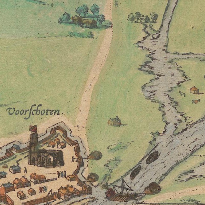 Enlarged segment of the view of Leiden showing the village of Voorschoten under attack by Spanish troops.