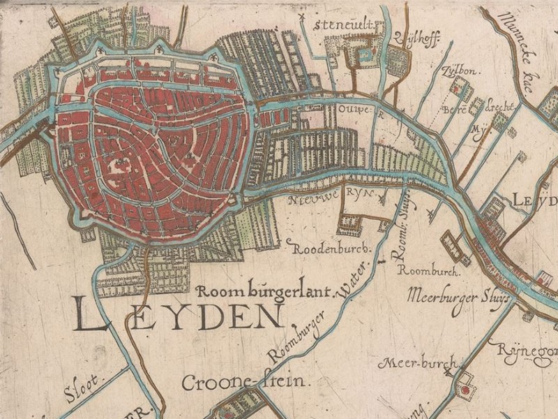Map depicting the expanding suburbs and gardens surrounding Leiden.