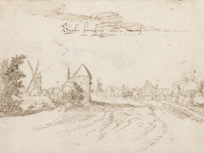 Drawing of the road to Leiden with some houses on both sides and a windmill.