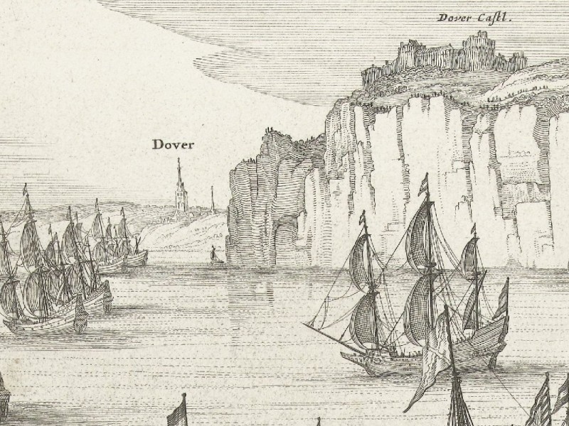 Print of Dover and Dover Castle viewed from the sea with ships at anchor in the foreground.