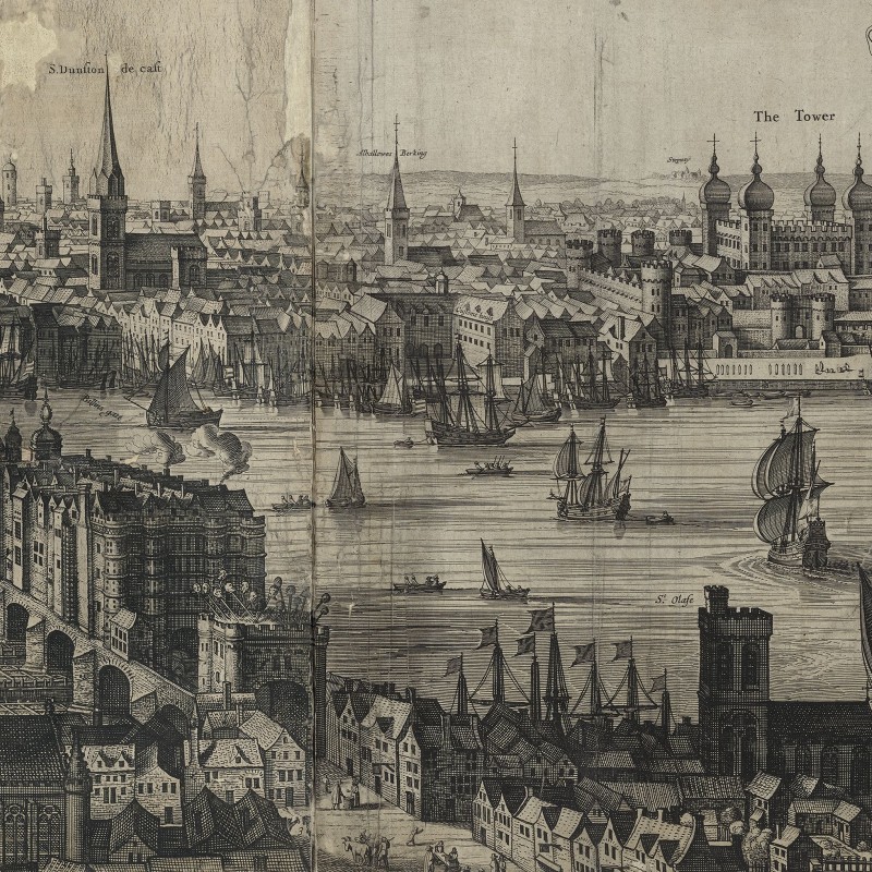 Enlarged section of a London panorama showing the harbour at Billingsgate.