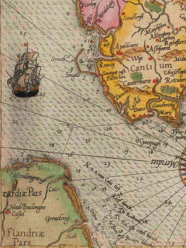 Sixteenth-century naval chart of the English Channel with a compass rose, showing water depths and coastal hazards.