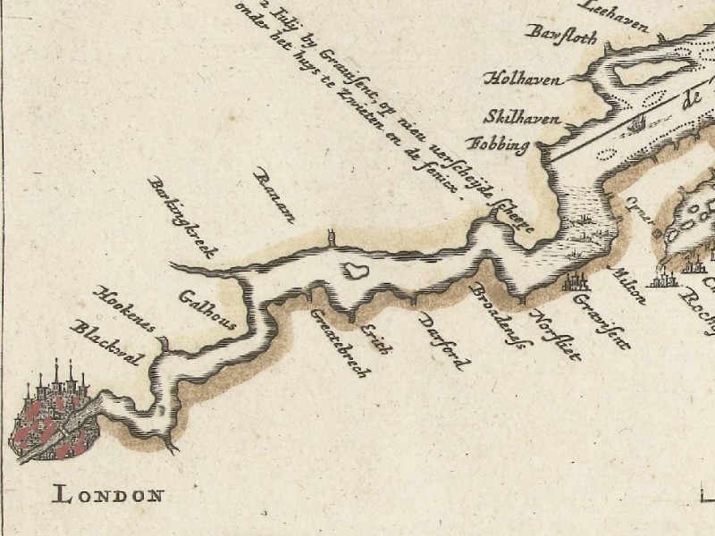 Print of the Thames from London to the coast, showing only the river and the towns along it.