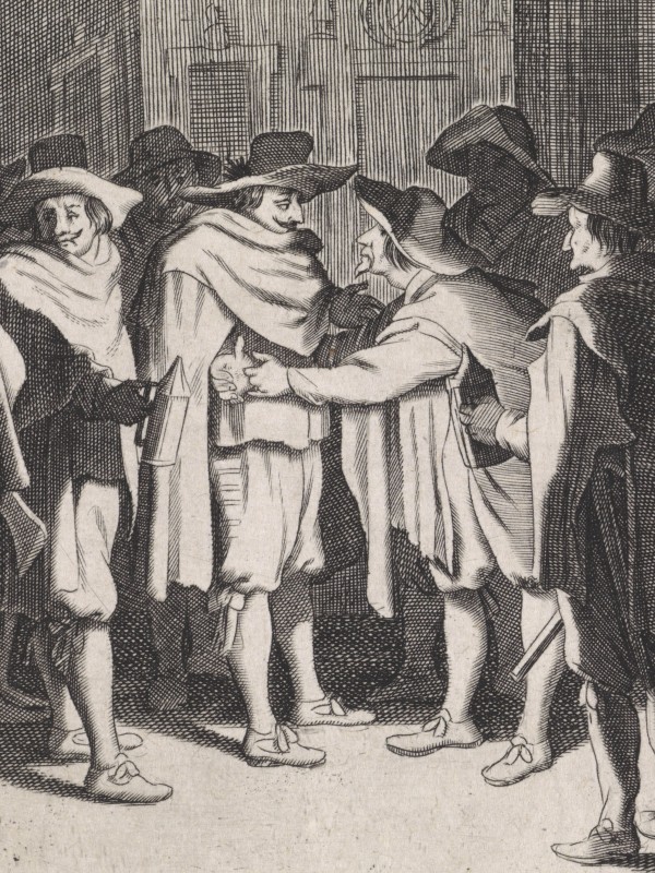 A print of guards stopping and checking a person.