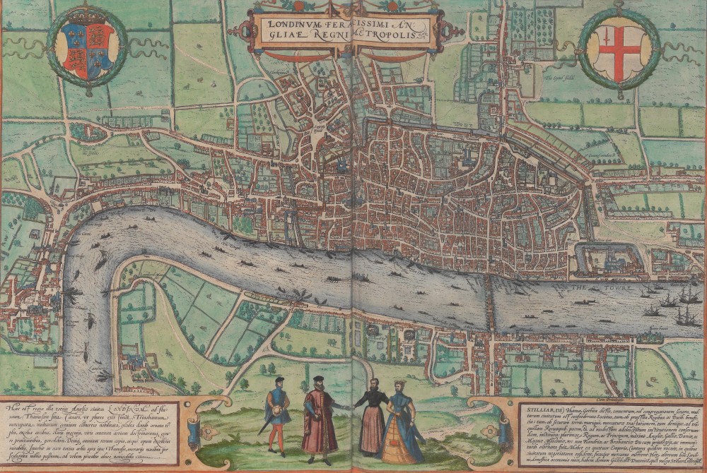 Bird’s-eye view of London from the south, with Westminster on the left and the Thames, filled with many ships and boats, dominating the centre.