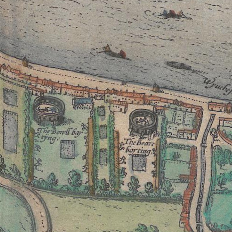 Segment of a bird’s-eye view showing the two houses for animal fights on the bank of the Thames.