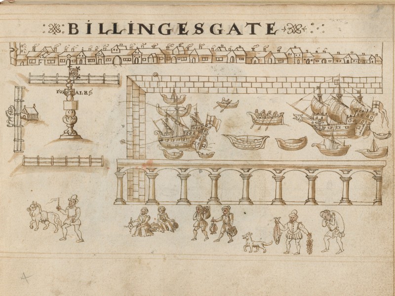 Drawing of Billingsgate Ward with the Port of London at the centre and various people going about their business in the foreground.
