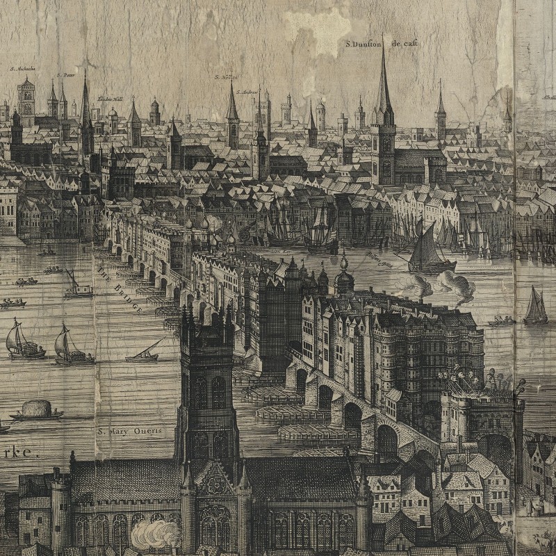 London Bridge with many large houses built on top of it.