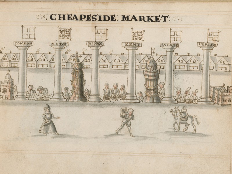 Drawing of Cheapside showing a wide street with houses at the back, stalls selling goods in the centre.