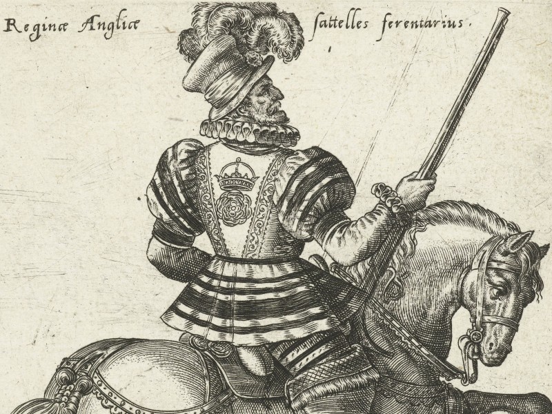 Costume print depicting an English Yeoman wearing a tunic embroidered with a rose.