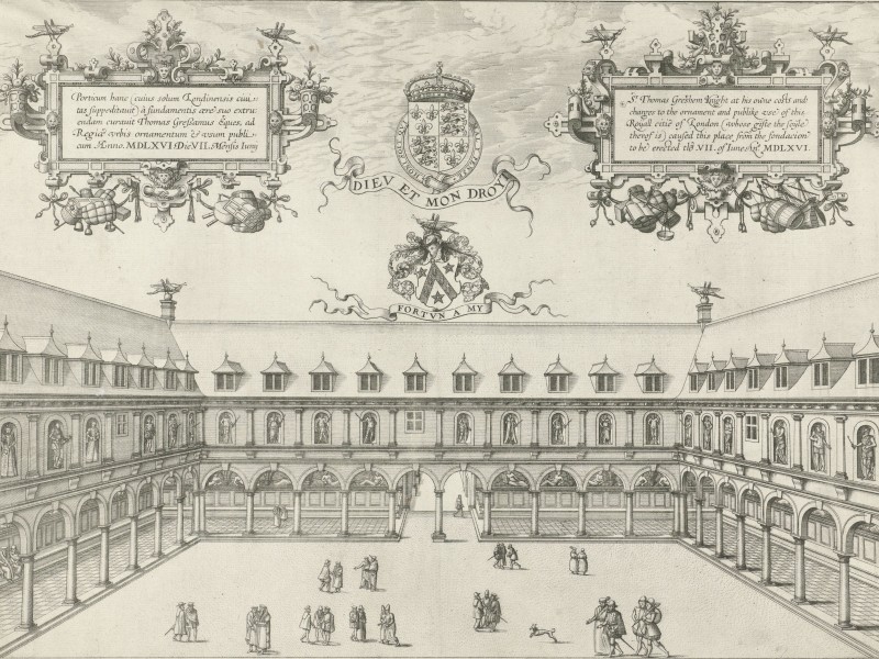 Print of the Royal Exchange in London showing a large building with arcades on the ground floor surrounding a spacious square.
