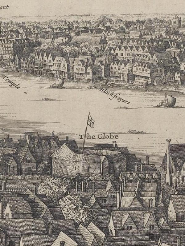 Segment of a panorama of London showing the Globe Theatre beside the Thames.