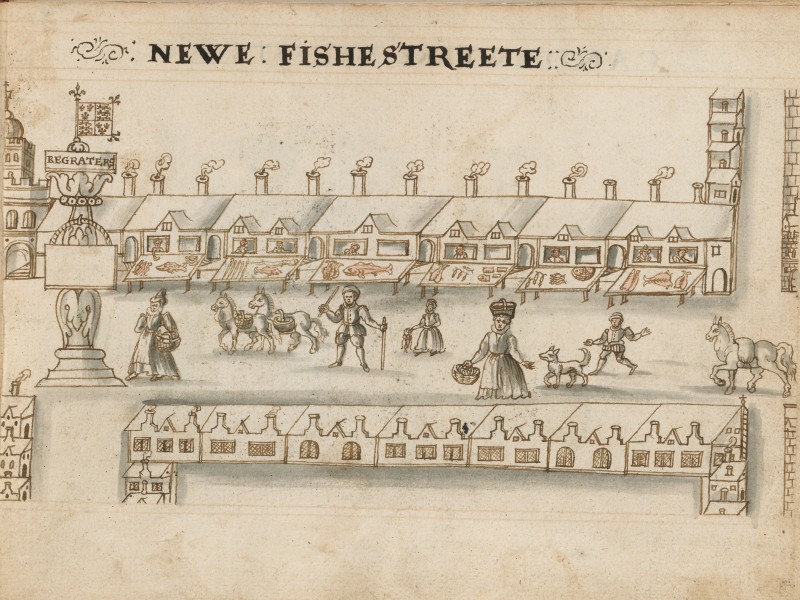 Drawing of New Fish Street showing a row of shops selling fish and people walking along the street.