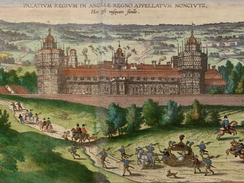 View of Nonsuch Palace and the surrounding countryside with a road in the foreground showing a coach, horsemen and footmen travelling towards it.