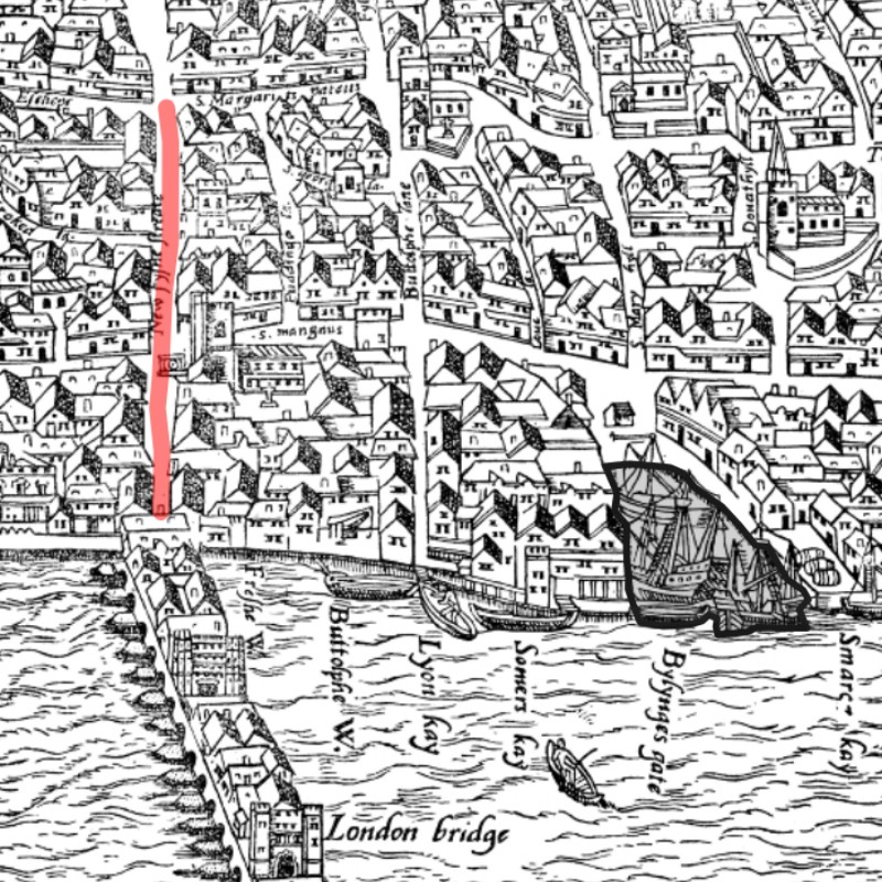 Bird’s-eye view of Billingsgate Ward and London Bridge, with New Fish Street highlighted.