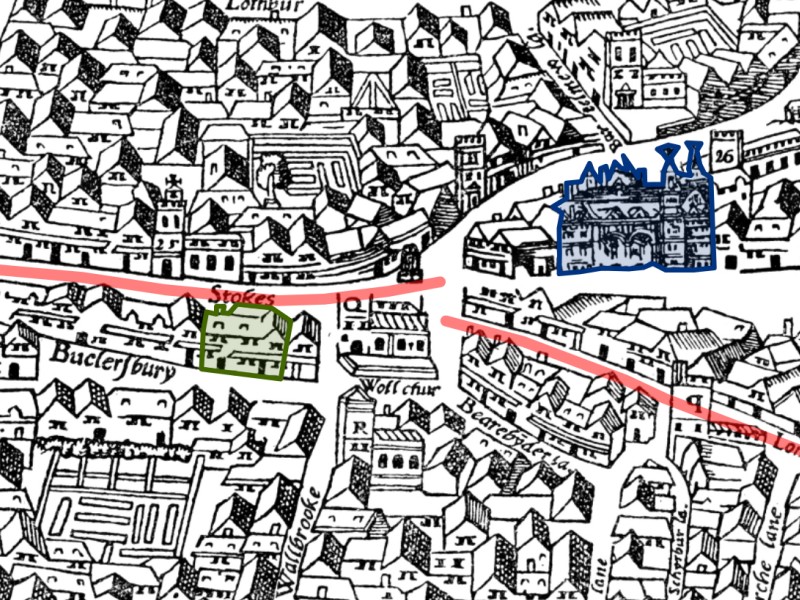 Bird’s-eye view of the centre of London showing the main crossroads of the city and Kiechel’s route.