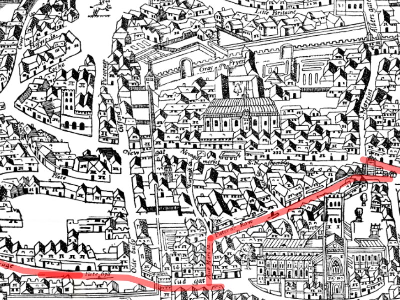 Bird’s-eye view of London illustrating Kiechel’s route from the city centre west to Ludgate.